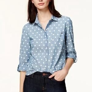 Tommy Hilfiger Polka Dot Shirt XL Blue Chambray Cotton Roll Tab Sleeve